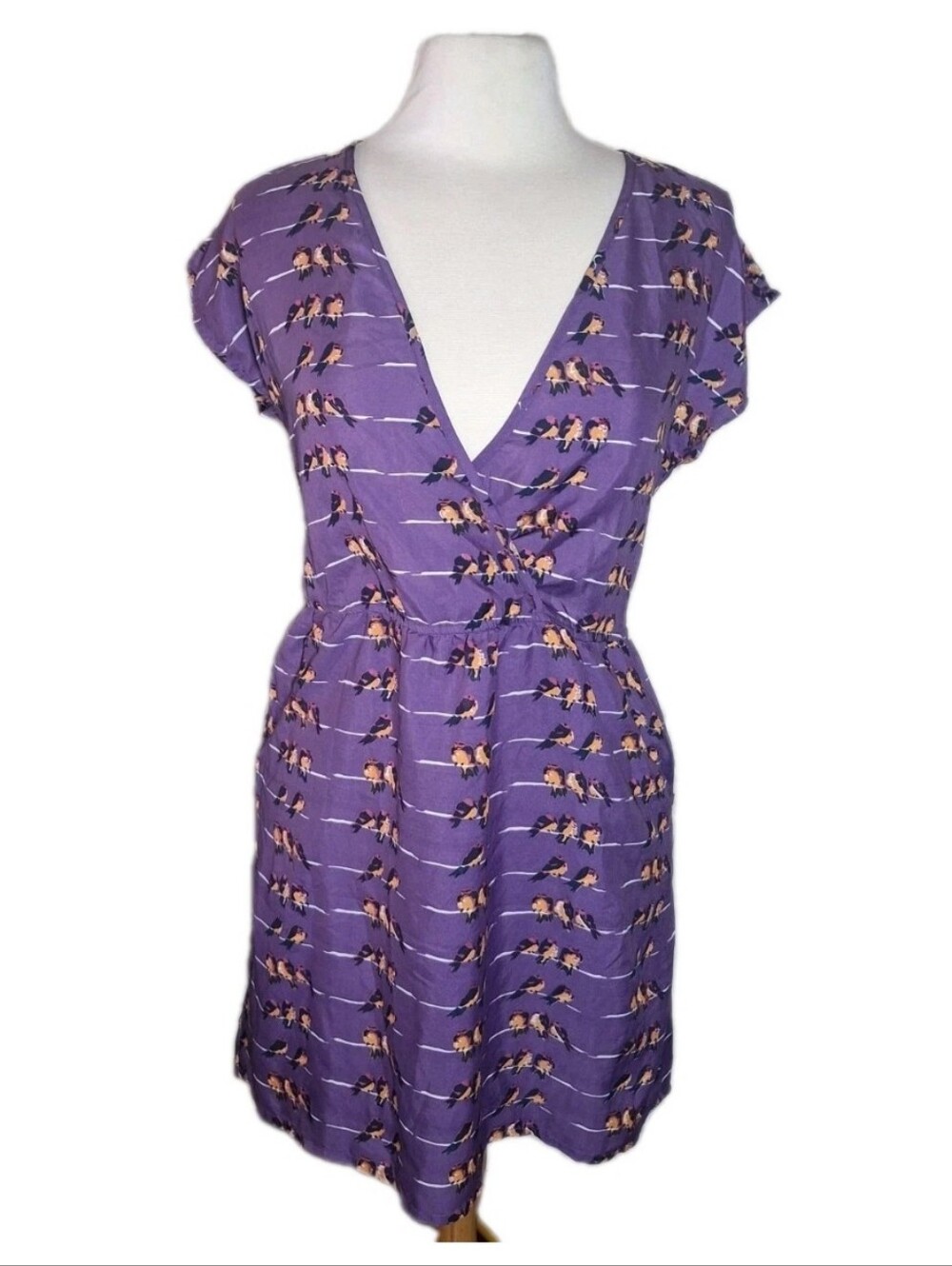 Angie Womens Bohemian Purple Striped Bird Short Sleeve Dress Sz M With Pockets